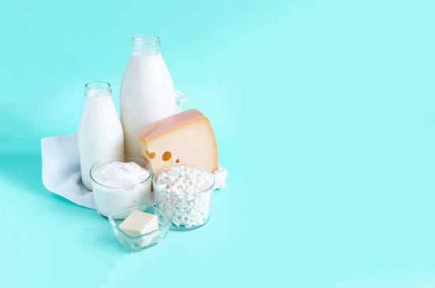 istock Milk and milk products close-up on a light background 1489476416