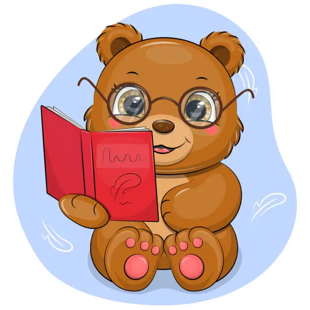 Vector illustration of Cute cartoon brown bear with glasses reads a red book.