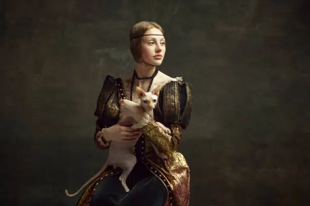 Portrait of beautiful young girl in elegant clothing over dark vintage background posing with sphynx cat. Lady with ermine remake. Concept of history, renaissance art remake, comparison of eras