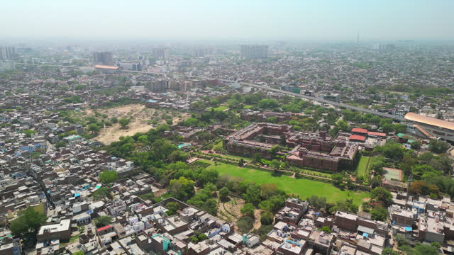 Agra: Aerial view of famous city in India (Uttar Pradesh) - landscape panorama of South Asia from above