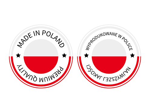 Made in Poland round labels in English and in Polish languages. Quality mark vector icon. Perfect for logo design, tags, badges, stickers, emblem, product package, etc.