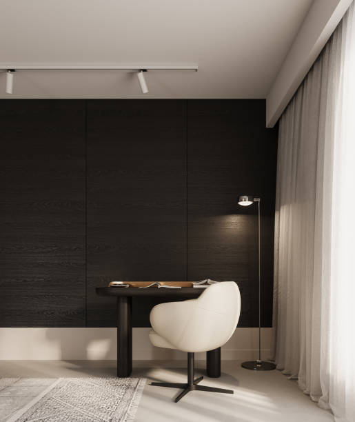 istock Modern home office interior design with white armchair and empty wooden wall background. 1489486701