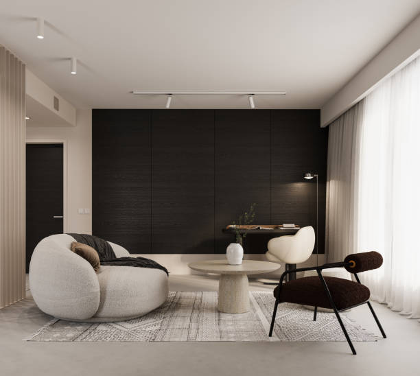 istock Modern contemporary living room interior design with empty wooden wall background. 1489486704