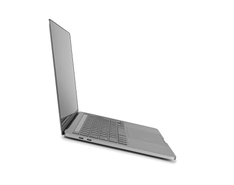 Photo of realistic modern laptop open with white screen isolated on white background