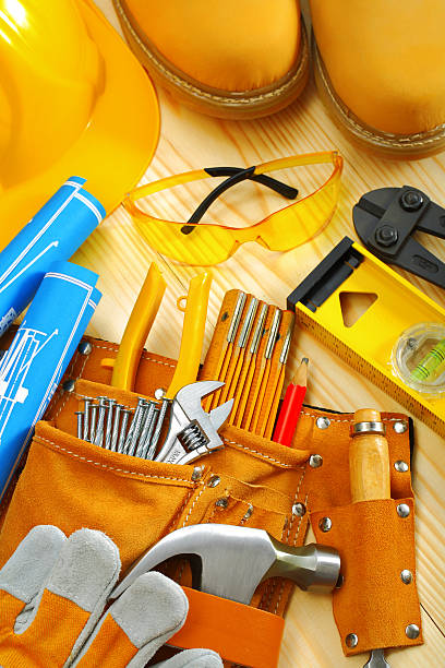 istock composition of carpentry tools on wooden boards 148949238