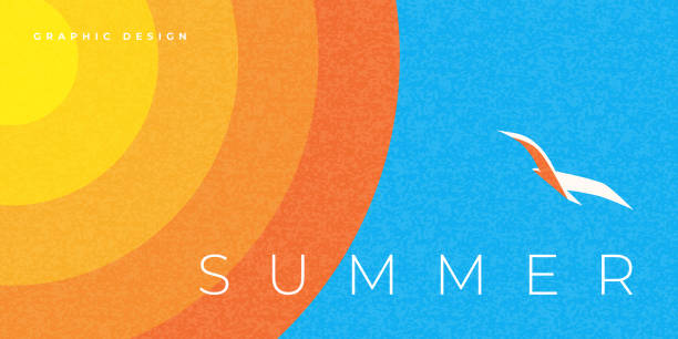 Abstract minimal summer horizontal poster, cover, banner, card with bright sun in the blue sky and modern typography. Summer holidays, journey, vacation travel illustration. Promo ads design template