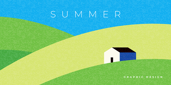 Abstract minimal summer horizontal poster, cover, banner, card with blue sky, green fields, farm house and modern typography. Summer holidays, nature landscape illustration. Promo ads design template