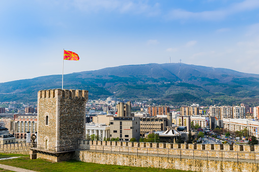 SKOPJE, NORTH MACEDONIA - APRIL 4, 2019: Kale Fortress in Skopje, view of Skopje town and Vodno hill