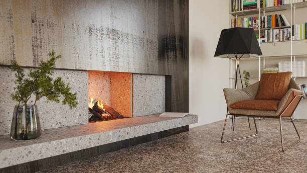 istock Modern living room with fireplace 1489494768