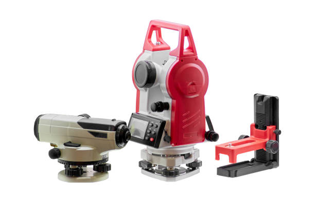 istock Measuring geodetic instrument for engineering works and topographic survey, isolated on white background 1489495016