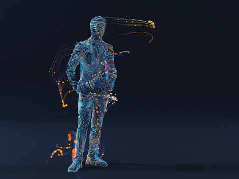 Abstract 3D render of wavy thin wires and particles forming a human figure