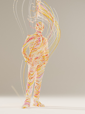 Abstract 3D render of wavy thin wires and particles forming a human figure