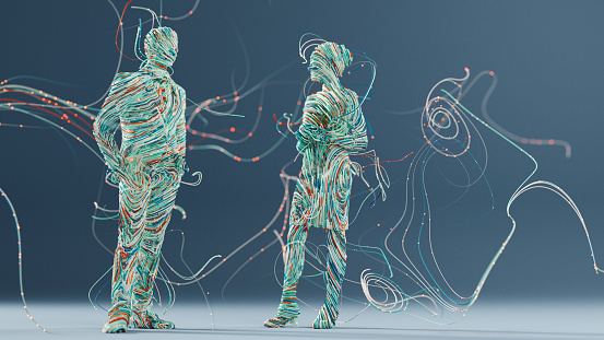 Abstract 3D render of wavy thin wires and particles forming two human figures