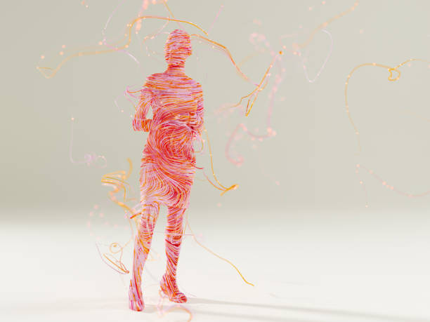 Abstract 3D render of wavy thin wires and particles forming a human figure