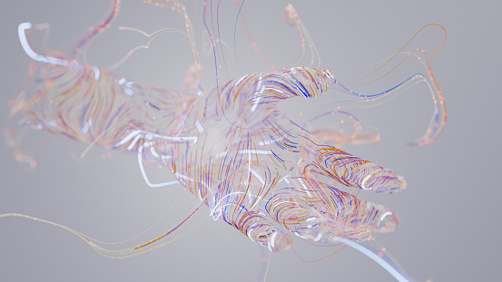 Abstract 3D render of wavy thin wires and particles forming a hand