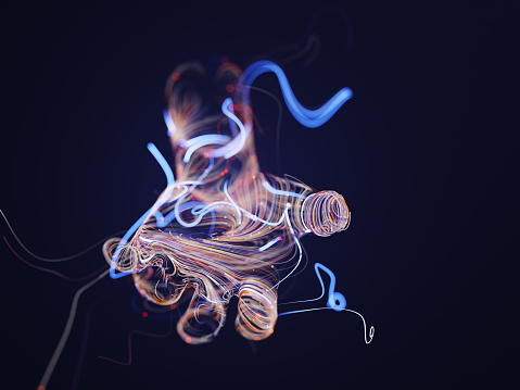 Abstract 3D render of wavy thin wires and particles forming a hand