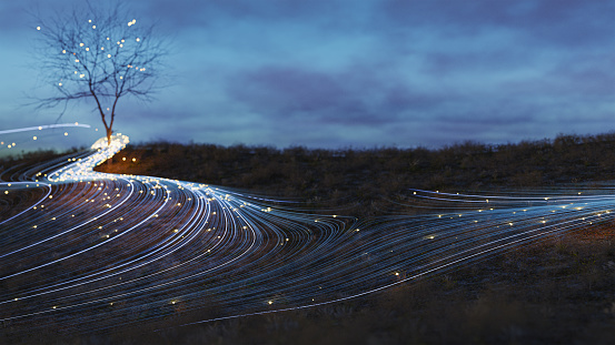 Abstract 3D render of wavy thin wires flowing just above a field at night