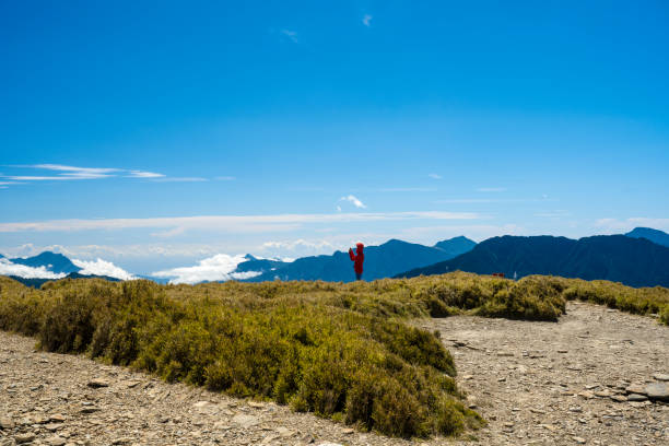 Mountain hiker taking photos on the mountain top.