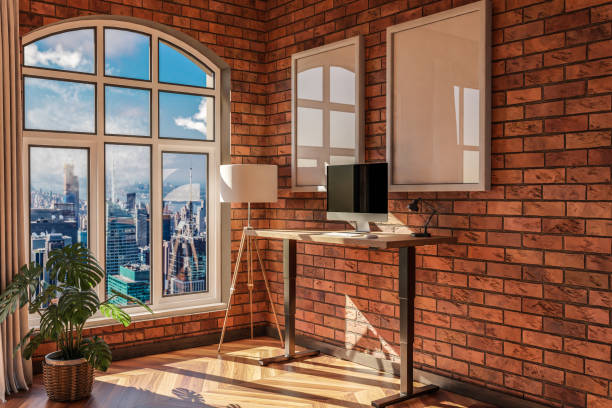 istock modern standing desk pc workplace in daylight downtown skyline office; home decoration desing and home office concept; 3D Illustration 1489496405