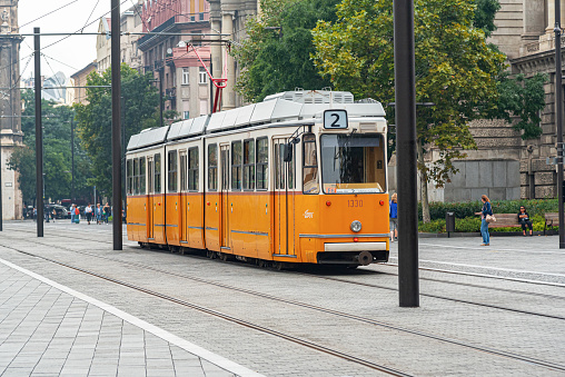 Budapest, Hungary - September 17, 2016: Yellow tram in Budapest, Hungary. Yellow tram in Budapest goes from all the historical attractions of the city.
