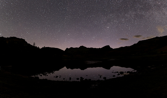 A Panoramic view of the night sky over Blea Tarn in the English Lake District