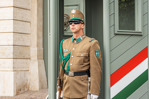 Budapest, Hungary - September 18, 2016: Guardsman on duty at the presidential palace on September 18, 2016 in Budapest, Hungary.