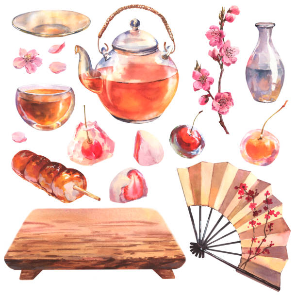 illustrations, cliparts, dessins animés et icônes de service à thé asiatique aquarelle avec théière transparente, tasse de thé, branche de sakura, gâteau, gelée et éventail japonais, bateau en bois isolé sur fond blanc. - sakura traditional culture japanese culture japan