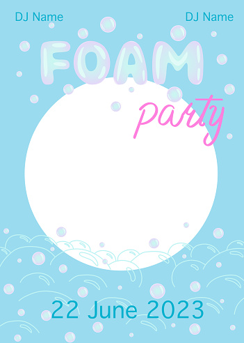 Foam party flayer, poster or invitation template, soap bubble in neon colors on a blue background, vector illustration