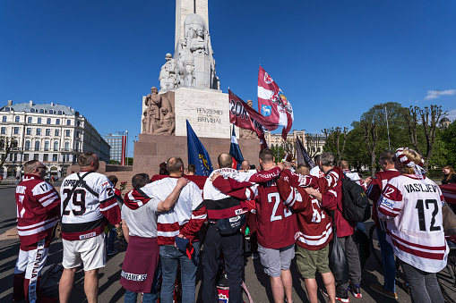 Riga, Latvia - May 12, 2023: Latvian ice hockey fans before the world championship match between Latvia and Canada