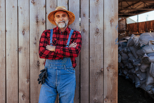 A male Caucasian senior farmer is standing at the door of his barn in working clothes, folded arms and looking at the camera with copy space.