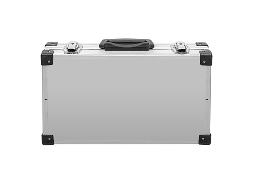 The gray suitcase is isolated on a white background.