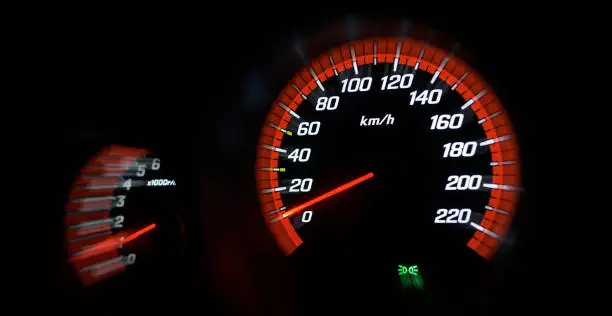 Photo of The speedometer of a modern car shows a high driving speed.