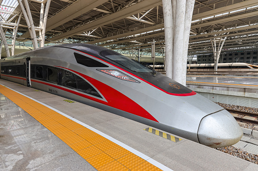 Shanhai, China-April 26, 2023 : China high speed bullet train at the platform of Shanghai Hongqiao Railway Station.