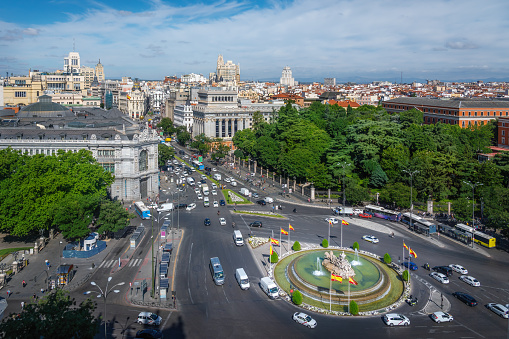 Aerial view of Calle de Alcala Street and Plaza de Cibeles - Madrid, Spain