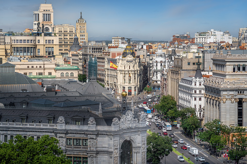 Aerial view of Calle de Alcala Street with Bank of Spain and Metropolis Building - Madrid, Spain