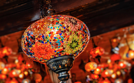 Eastern lamp. Oriental lamps shop as an abstract ethnic background.