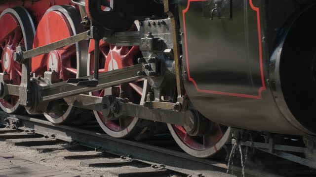 Old steam locomotive moving on rails