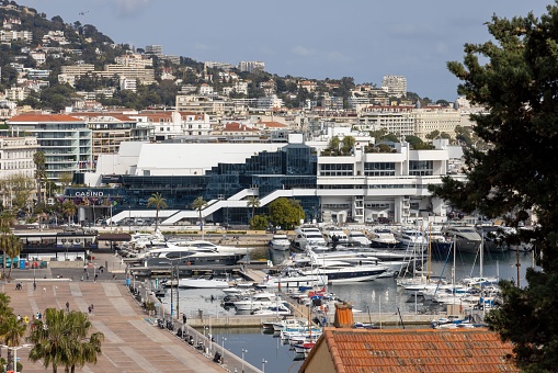 Cannes, France – April 10, 2023: Cannes, France April 10 2023: Cannes downtown with port on Cote d'Azur, French Riviera, shot from above