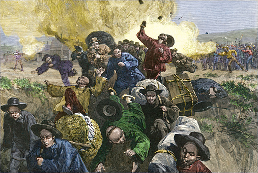Vintage image shows the Rock Springs Massacre, a violent incident that occurred on September 2, 1885, in Rock Springs, Wyoming. A group of white miners attacked and killed at least 28 Chinese miners, while also burning down homes and businesses in the Chinese quarter of the town. The incident highlighted the racial tensions and labor disputes of the time and led to increased protections for immigrant workers.