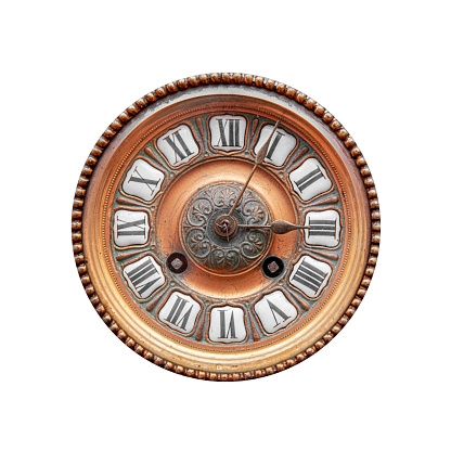 Vintage copper pocket clocks with beautiful ornament isolated on white background