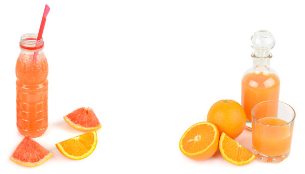 istock Citrus juice, oranges and grapefruit pieces isolated on white background. Collage. There is space for text. 1489514489
