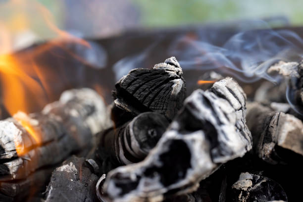 logs of apple tree wood burning down in the fire, kindling bonfires using natural wood