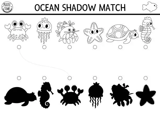 Vector illustration of Under the sea black and white shadow matching activity. Ocean line puzzle with cute crab, jellyfish, starfish, seahorse. Find correct silhouette printable worksheet. Water animals coloring page