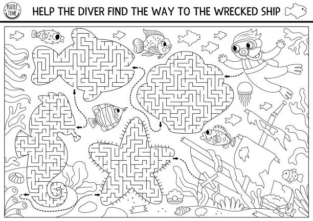 Vector illustration of Under the sea black and white maze for kids geometrical sea horse, fish, seashell. Ocean line preschool printable activity. Water labyrinth coloring page. Help the diver find way to wrecked ship