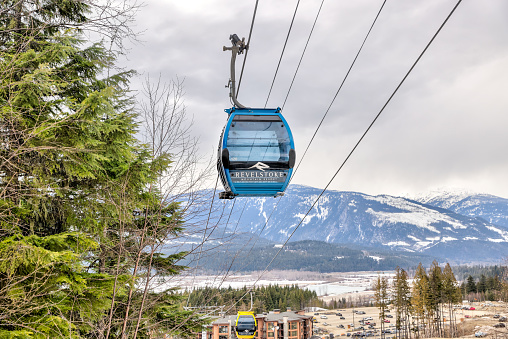 Revelstoke, British Columbia - April 15, 2023: A gondola for the Revelstoke Mountain Resort