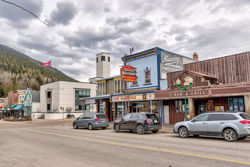 Revelstoke, British Columbia - April 15, 2023: Sights in and around the downtown of Revelstoke
