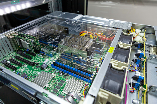 The high-performance server's hardware of network computer systems in rack of data center site.