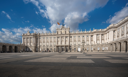 Madrid, Spain - Mar 8, 2019: Royal Palace of Madrid at Plaza de la Armeria (Armory Square) - Madrid, Spain