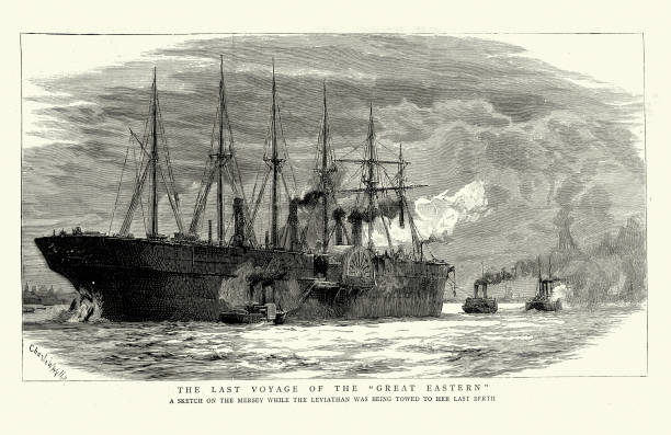 Last voyage of the SS Great Eastern steamship on the Mersey, 1880s, Maritime history Vintage illustration Last voyage of the SS Great Eastern steamship on the Mersey, 1880s, Maritime history river mersey northwest england stock illustrations