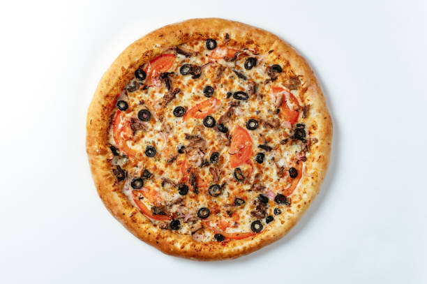 istock Delicious italian pizzas served on a white background 1489526419